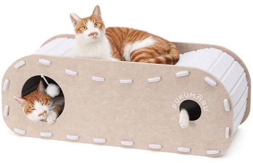 FUKUMARU Cat Beds for Indoor Pets 31.5 Inch, Extra Long Cozy Cat Bed Cave Tunnel for Multiple & Large Cats, Felt Kitten Hideaway House with Fluffy Ball, Scratch Resistant, Warm & Safe, Beige