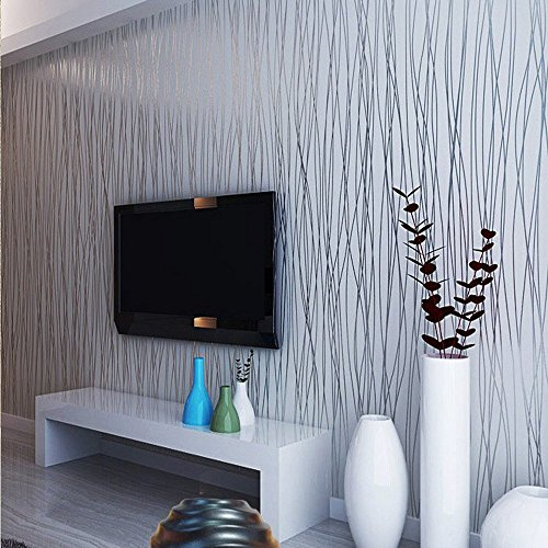 YangYun Home Decoration Modern Fashion klassische Vlies-Tapete, Beflockung, einfarbig, gestreift, Kurve für Wohnzimmer, Schlafzimmer, nicht geklebt, Silbergrau, 0,53 m (B) x 10 m (L) = 5,3 m² (57 m²)