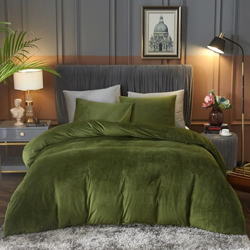 Ivellow Velvet Duvet Cover Queen Set Sage Green Velvet Comforter Cover 3Pcs Ultra Soft Breathable Bedding with Pillow Shams Luxury Cozy Flannel Velour Duvet Cover with Zipper Closure and 8 Corner Ties