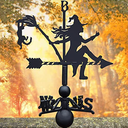 Witch and Cat Weathervane Cast Iron & Steel Garden Roof Weather Vane with Universal Mounting Bracket & Directional Arrow, Midnight Black Finish