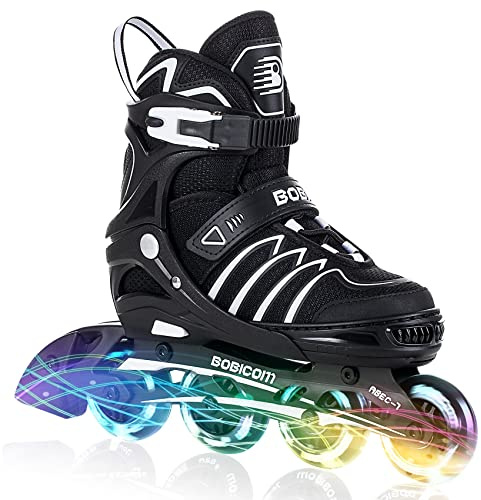 BOBICOM Adjustable Inline Skates with Full Light Up Wheels,Outdoor Illuminating Roller Skates for Kids and Adults, Girls and Boys, Men and Women, Black XL