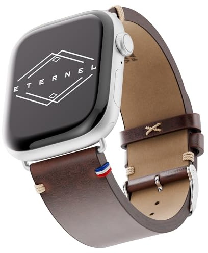 Eternel - Logan Vintage Bracelet mythique - Compatible toutes Apple Watch - 45/46mm - Fait main en France - Tannage végétal - Marron - Adaptateurs aluminium argent