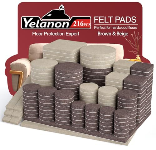 Yelanon Felt Furniture Pads for Hardwood Floors -216 Pcs Premium Felt Pads for Chair Legs, Floor Protectors for Furniture, Beige & Brown