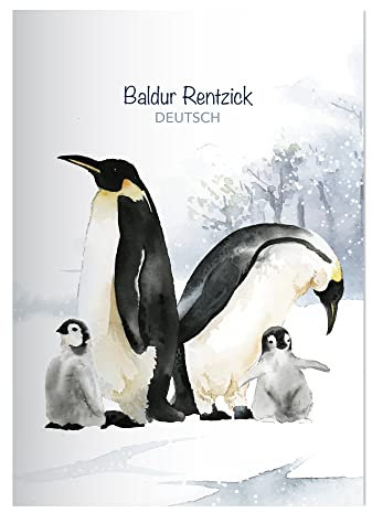 Kartenkaufrausch 8x personalisierte Niedliche Pinguin DIN A4 Grundschul Hefte mit Pinguin Familie im Schnee in Weiß Kontrastlineatur 2