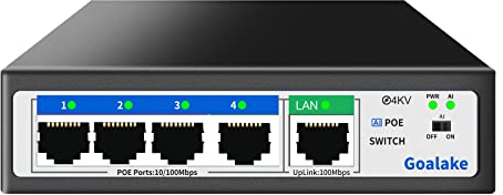 Goalake PoE+ Switch 5 Port 100Mbps（4 PoE Ports +1 Uplink), 802.3af/at, 52W for all PoE Ports, AI Extended to 250m, Ideal for IP Surveillance and Access Point, Desktop/Wall Mount(Unmanaged)