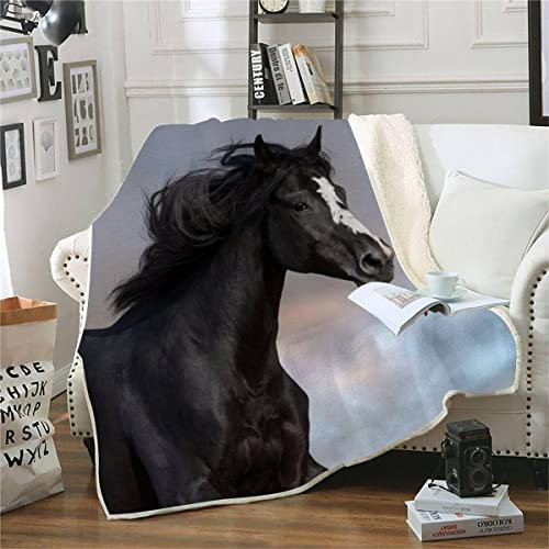 RFFLUX 3D Pferd Decke 130x150cm Warmer Winter Weich Tier Schwarz Pferd Kuscheldecke Microfaser Sherpa Wohndecke TV Decke Flauschige Couchdecke für Kind Weihnachten Geschenk Blanket