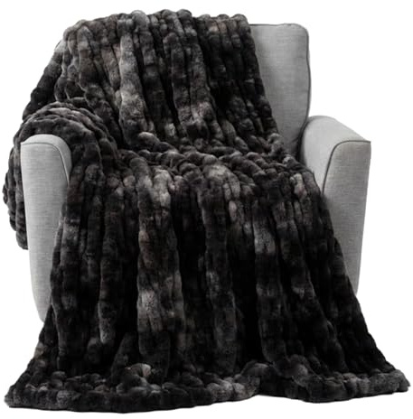 Lavish Home Oversized Ruched Faux Fur Blanket, 60x80-Inch Jacquard Faux Fur Queen-Size Throw for Beds and Sofas, Black