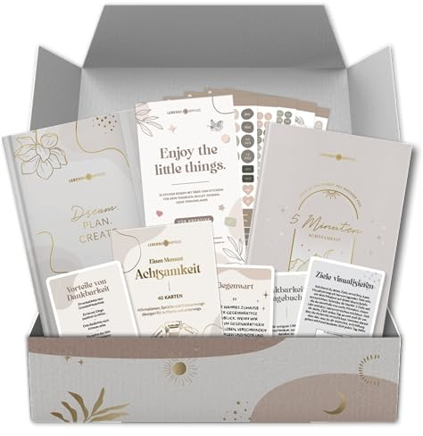 Lebenskompass Geschenkset für Frauen Achtsamkeit Box mit 40 Achtsamkeitskarten, 5-Minuten Tagebuch, Bullet Journal & Stickerset - Geschenk für beste Freundin, Schwester, Mama
