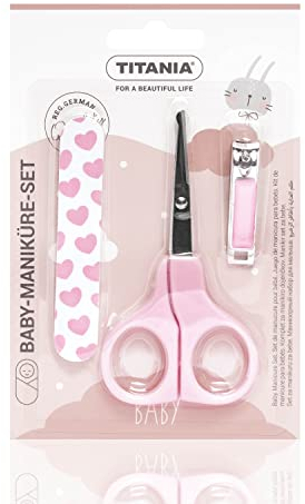 TITANIA Baby Maniküre Set (3-tlg.) • Baby Nagelschere, Baby Nagelknipser & Baby Nagelfeile • Baby Ausstattung • Baby Nagelpflegeset • Pflegeset für Kleinkinder • Babypflege-Set Pink