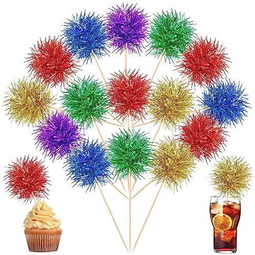 Chinco 100 Pcs Foil Firework Cupcake Toppers Sparkle Tinsel Cake Toppers Cake Decoration Cocktail Fruit Toothpick for Birthday Wedding Graduation Party(Bright Color)