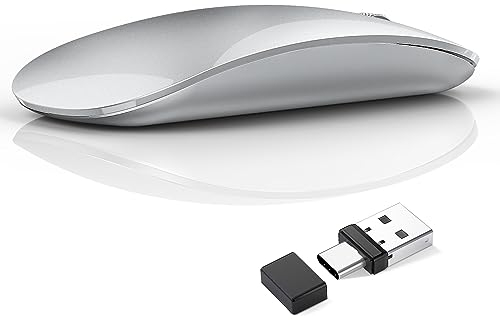 Uiosmuph G11 Ratón Inalámbrico Recargable, Mouse Wireless 2,4 GHz con Receptor Tipo C y USB, Clics Silenciosos, Ratón Óptico para Portátil, Mac, PC(Plata)