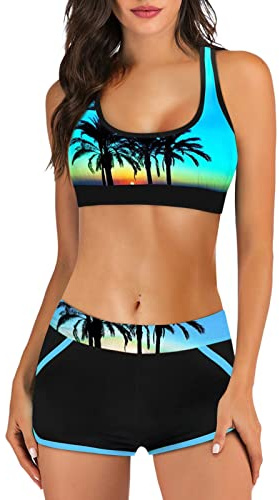 DeaAmyGline Sport Bikini Damen Set, Brazilian Bikini mit Shorts Damen Zweiteilig Badeanzug Große Größen Tankini Hawaii Strand Drucken Tank Top und Badeshorts Sportbikini Bademode Badeanzüge Swimsuit