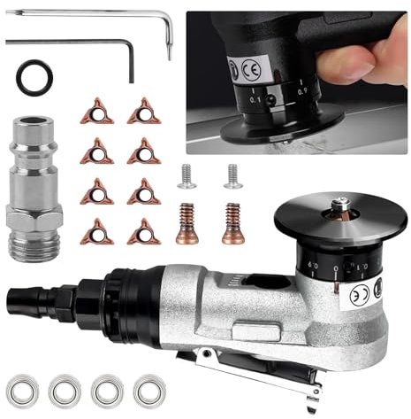 2-in-1 45° Pneumatisches Anfasmaschinen-Set mit Klinge und Lager, verbesserter Handschleifer für Bogenecke, 1/4-Zoll-Lufteinlass für Metallgrat, Trimmen von Holzentgraten (8 R-Winkelklingen)