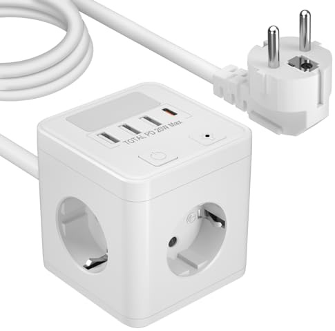 Steckdosenwürfel mit USB C 20W,Steckdosenleiste 4Fach mit USB C und 3USBA, Überspannungsschutz Mehrfachsteckdose Würfel mit Nachtlicht, Mehrfachstecker mit Schalter für Zuhause Büro, 1,5m Kabel Weiß