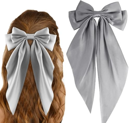 Graue Haarschleife, graue Schleife, Haarspange für Damen, einfarbige Schleife, Haarspangen mit langem Band, französische graue Schleife, Haarspange, weicher Satin, seidige Haarschleifen, süßes