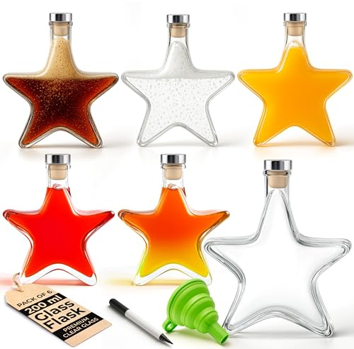 SEASONAL STREET Star Shaped Glass Flask Bottles 200ml - 6 Pack Glass Bottles with Cork Lid, Labels, Pen and Funnel - Reusable for Gin, Home Brews or Homemade Vinegar