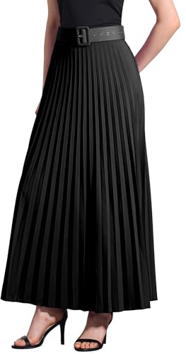 Allegra K Jupe Plissée Longue Femme Fluide Taille Haute Élastique Jupe Maxi Ceinturée Trapèze de Business Noir S