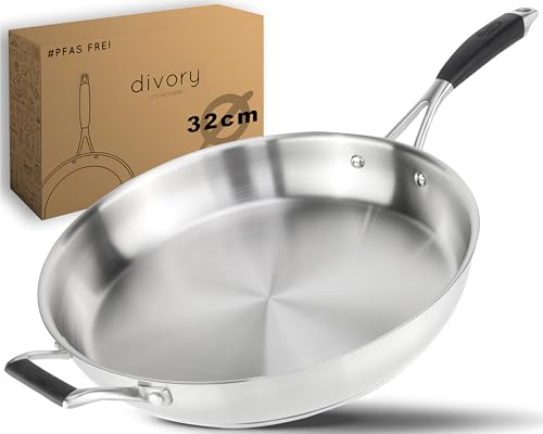 DIVORY Stainless Steel Frying pan 32 cm – Uncoated, PTFE & PFOA-Free, Induction-Compatible, Large Stainless pan Without Coating (PURA, 32 cm)