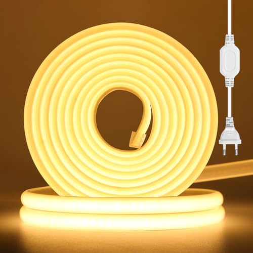 Wisada COB Neon LED Streifen, AC220-240V 288LEDs/m Superhell Flexible FCOB LED Leuchtband (Schnitt alle 50cm), COB LED Band mit Stromkabel für Weihnachten, Party Heim DIY Deko (Warmweiß, 5M)