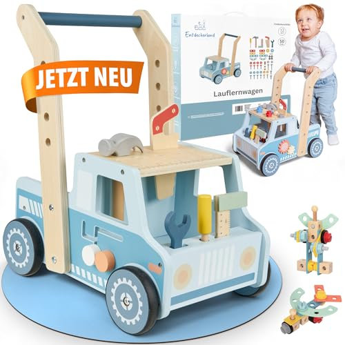 Entdeckerland Lauflernwagen aus Holz – Stabiler Schiebewagen mit gebogenem Griff – Motorikspielzeug für Jungen & Mädchen – Montessori Spielzeug ab 1 Jahr - 3 in 1 Walker