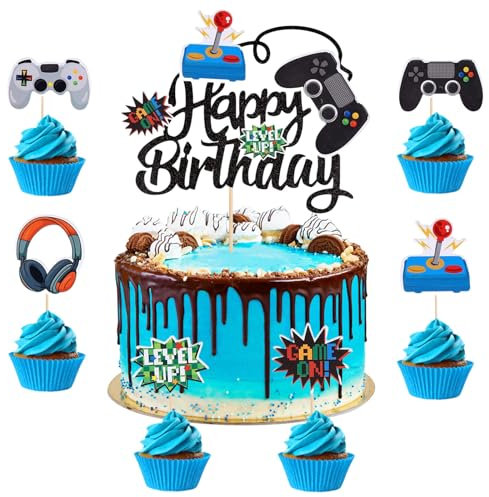 37 Stück Videospiel Tortendeko Geburtstag,Playstation Tortendeko,Gaming Cake Topper,Glitzer Spielkonsolen Thema Torten Deko, Cupcake Topper für Kindergeburtstag Videospiel Party