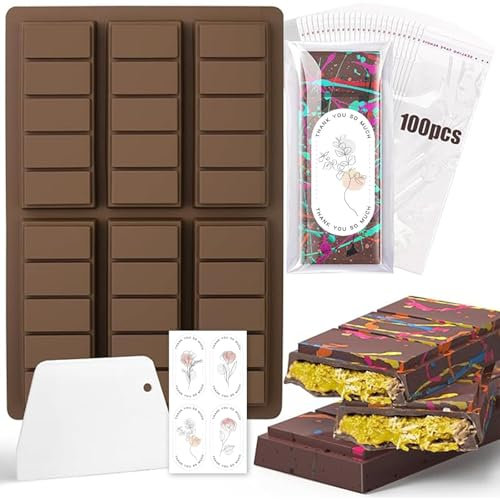 Diaxilu Schokoladenform Silikon, 6 Tafeln Tief Schokoladentafel Silikonform mit Schaber und Tasche und Aufkleber, Dubai Schokolade Form für Schokolade Praline Süßigkeiten (Rechteck)