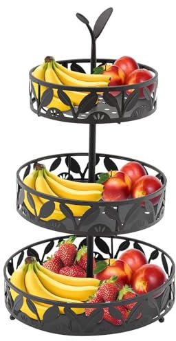 SABUIDDS Frutero de 3 niveles, frutero de metal, moderno soporte para frutas desmontable, para pan, frutas, verduras y aperitivos, estante esquinero, almacenamiento de pie, color negro