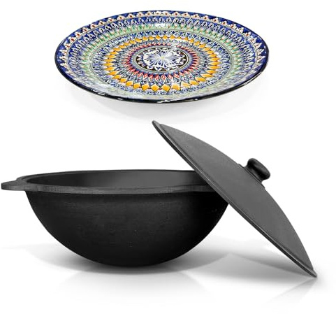ZARENHOFF Set - Usbekischer Gusseisen Kasan 22 L runder Boden, Deckel aus Aluminiumguss Lagan 42 cm Camping Kasan Gulaschkanone Dutch Lagan ляган Oven (Set - 628)