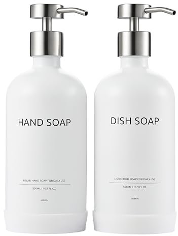 Janxin 2 Stück Badseifenspender 500ml Nachfüllbare Flaschen Gel und Shampoo Küchenseifenspender 500ml Seifenspender für Küche und Dusche (Weiße Flasche Silber Tasse)