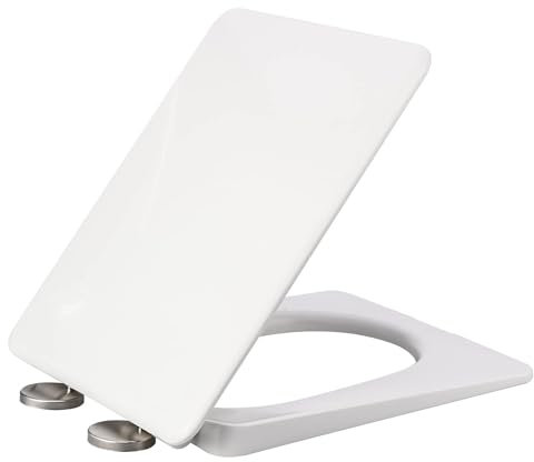 CUTPOIY Siège de toilette carré blanc à fermeture douce avec libération rapide pour un nettoyage facile, siège de toilette avec fixation par le haut blanc avec charnières réglables, carré, 06A, 06A