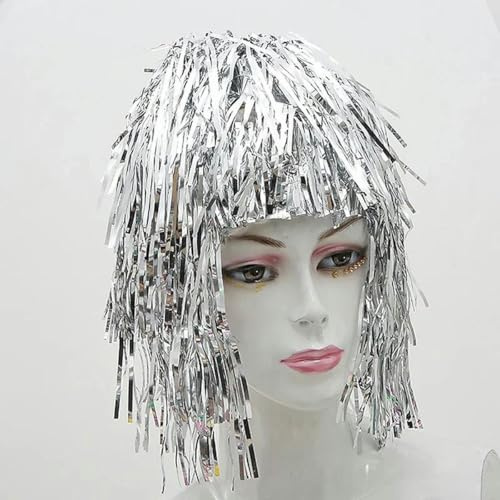 1 Stück Folien-Lametta-Perücke, Kostüm, Cosplay-Zubehör, lustig, glänzend, metallisch, Haar-Accessoires für Party, Karneval, Maskerade, Perücke, Silber