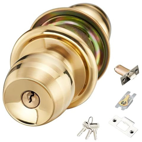 Pulishes - Pomo de puerta de entrada con llave de latón con pestillos ajustables, cerradura redonda reversible para entrada delantera y puerta interior