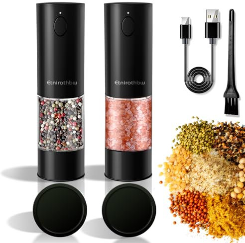 Etnirothbw Electric Salt and Pepper Grinder Set, 2 Pack Automatic One-Handed Operation Pepper Mills Rechargeable, Auto Pepper Shakers with Dust Caps, 5 Adjustable Coarsenesses, LED Light, USB Charging