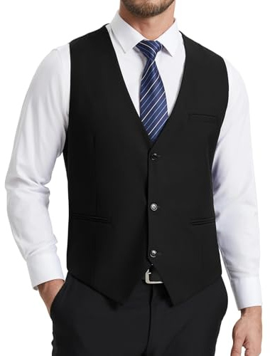 HISDERN Anzugweste Herren Schwarz Slim Fit Elegante Weste Herren Anzug Klassische Formelle Anzugwesten Einfarbig Hochzeit Smoking Westen für Männer mit 3 Knöpfen Taschen L