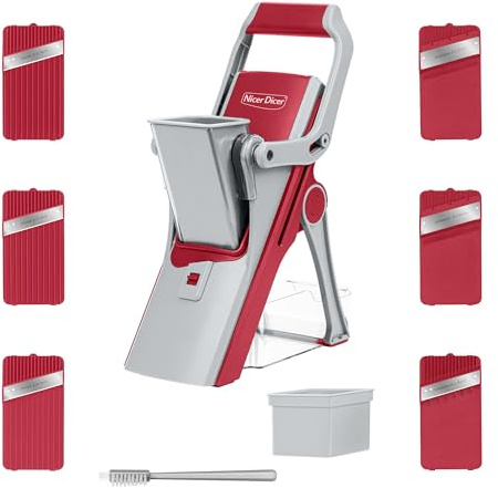 Genius Gemüseschneider Nicer Dicer Mando 12tlg., Gemüsehobel, Gemüse Schneider, Gurkenhobel, Mandoline Vegetable Chopper mit 6 austauschbaren Klingen, Küchenhobel (Rot-Grau)