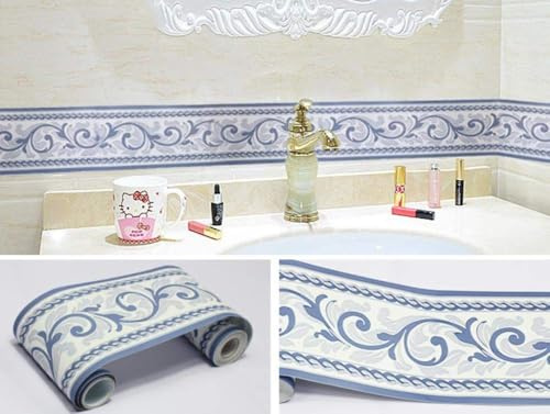 WYLNEP Tapetenbordüre, selbstklebend, blaue Ranke, 10 x 500 cm, dick, wasserdicht, Vinyl, Wandverkleidung, Bordüren, Heimdekoration, Badezimmer, Küche, Schlafzimmer, Arbeitszimmer, Flur, Eingang