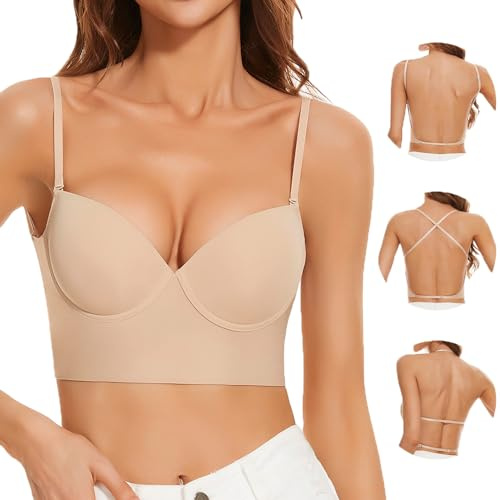 Uoolerp Soutiens-Gorge à Dos Bas pour Femmes, Soutiens-Gorge Invisibles sans Dos - Soutien-Gorge sans Couture avec Bretelles Convertible Multi-façon- Bretelles Spaghetti(Beige,L)