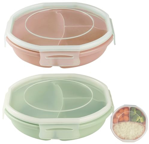 2PCS Mikrowellen Teller mit Deckel Bento Schüssel Vorratsdose BPA frei mit 3 Fach Aufteilung Dose Getrennt Aufbewahrung luftdicht Mikrowellengeschirr zum Erhitzen Einfrieren Aufbewahren (Grün, Rosa)