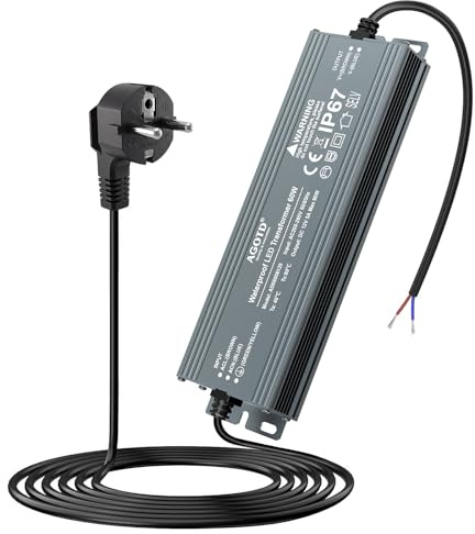 AGOTD LED Trafo 12V 60W IP67 Wasserdicht 12v netzteil mit Stecker, Outdooor Transformator 230V auf DC 12 Volt 5A, LED Driver Außen für Feuchtraum Badezimmer Outdoor Gartenbeleuchtung Aussenbereich