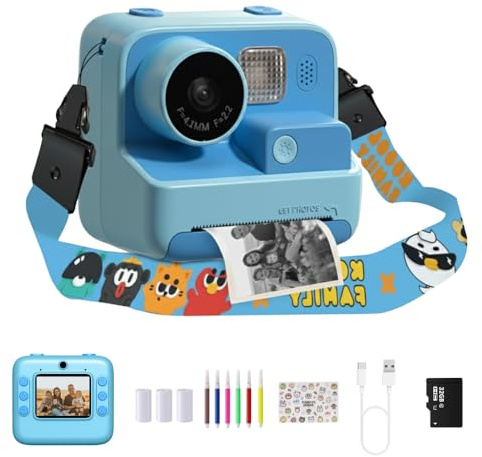 Kids Kam The OG Instant Print Camera, 48MP Kids Digital Camera for Girls Boys Birthday with 32GB TF Card, 3 Rolls of Printing Paper, 6 Colour Pens (Blue)