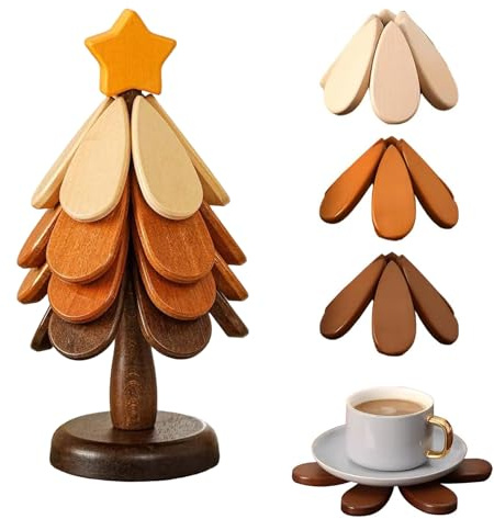 Topfuntersetzer Holz Weihnachtsbaum, 4 in 1 Tannenbaum Untersetzer Holz, 19 cm Topfuntersetzer Hitzebeständig mit Sterne oder Äpfel für heiße Töpfe, Pfannen, Schüssel, Pfannenschoner (Sterne)