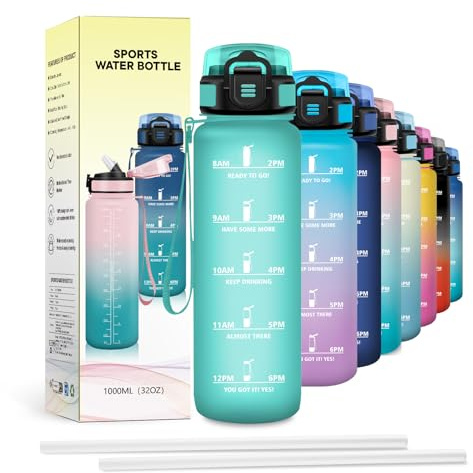 JAPORIA Borraccia 1L, Bottiglia Motivazionale con Cannuccia, Indicatore Tempo, Antigoccia, Riutilizzabile, per Palestra, Campeggio, Lavoro
