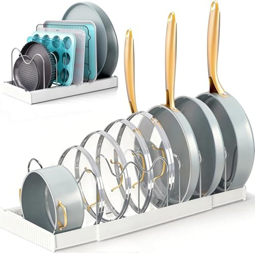 Expandable Pots lid and Pans Holder Rack with 7 Adjustable ,White(1pcs) | Expandable Pan Organizer for Cabinet,Compartment for Kitchen Frying Rack,Fully Expanded Size 22.44in Lx7.87in Wx5.91in H