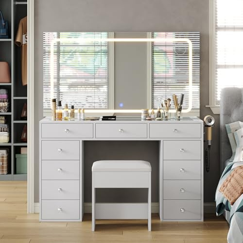 Yanosaku Postazione Trucco con Specchio LED e Sgabello, 11 Cassetti, Toeletta Trucco con Piano in Vetro e Prese di Corrente, Vanity Moderna Bianca per Camera da Letto