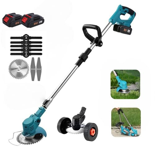 Decespugliatore elettrico pieghevole, decespugliatore batteria portatile con 2 batterie, ruota ausiliaria smontabile, asta e angolo regolabili, diametro di taglio 15 cm, per erba e erba (blu)