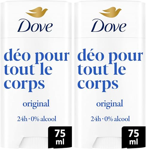 Dove - Déodorant pour Tout le Corps Stick- Original - Anti Odeurs et Traces Blanches 72h - Conçu pour les Peaux Sensibles - 75ml (Lot de 2)