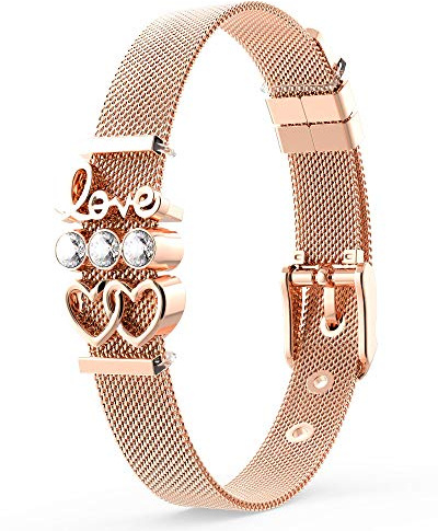 THIORA Armband Damen | Premium Edelstahl Schmuckset | Mesh Charmband Charms | Geschenk für Frauen | Rosegold Gold Silber