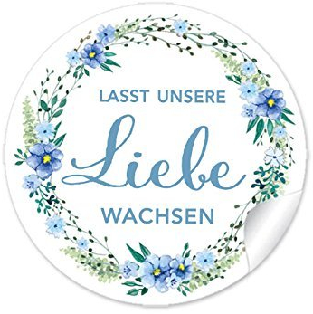 72 STICKER: Lasst unsere Liebe wachsen in BLAU GRÜN mit Blütenkranz • Für Gastgeschenke zur Hochzeit z.B. für kleine Samentüten, blumige und niedliche Blumentöpfe, Reagenzgläser • 4 cm, rund, matt
