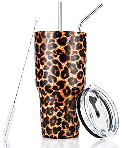 Thermobecher mit Leopardenmuster, Edelstahl, isoliert, mit Strohhalm-Deckel, Reinigungsbürste (850 ml Leopard)