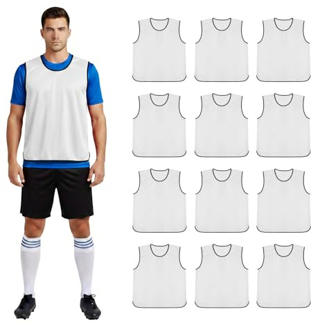 12 x Sport-Trainings-Lätzchen, schnell trocknend, Netzstoff, für Fußball, Netball, Fußball, Rugby, Cricket, Sport, Party, Outdoor, Senioren, Erwachsene, Jugendliche, Junior, Weiß, Größe XXL (passend